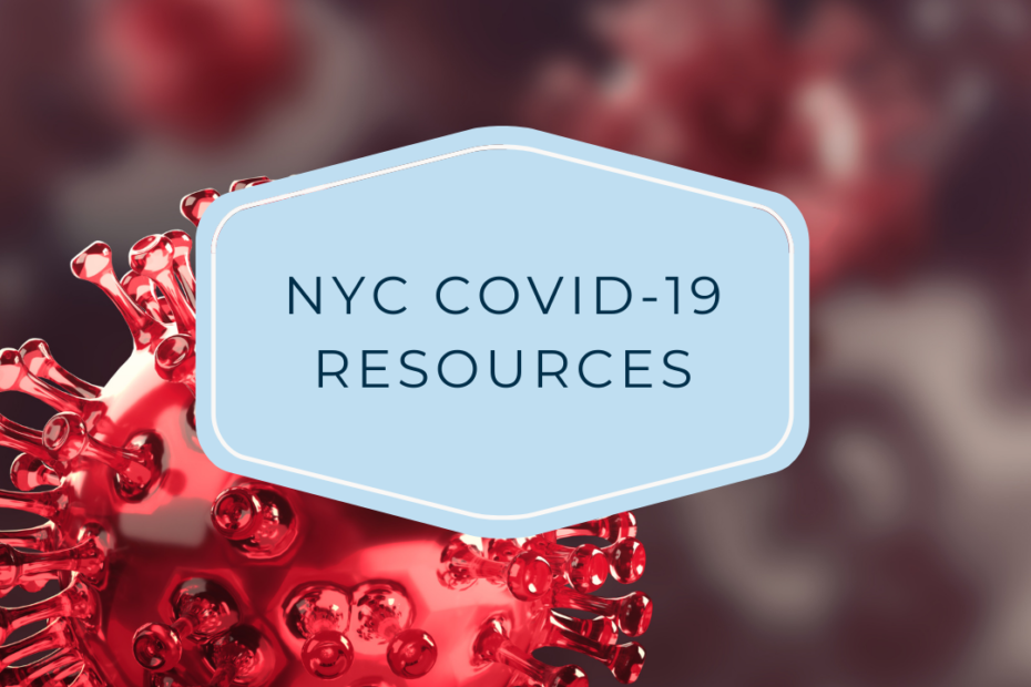 A covid-19 molecule in the background. The foreground is a light blue diamond shape that reads NYC COVID-19 RESOURCES.