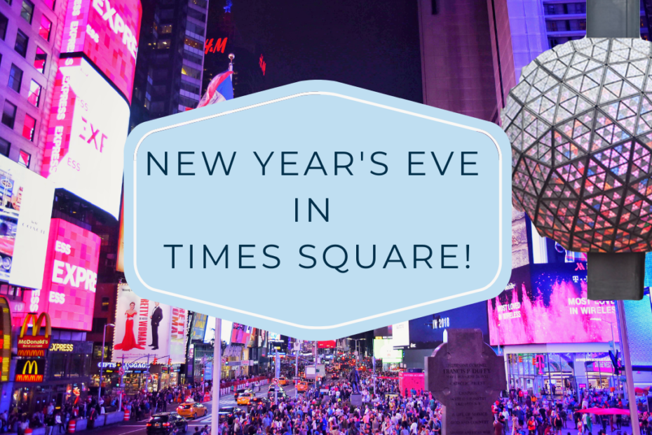 Times Square at night with the New Year's Ball enlarged in the forefront.